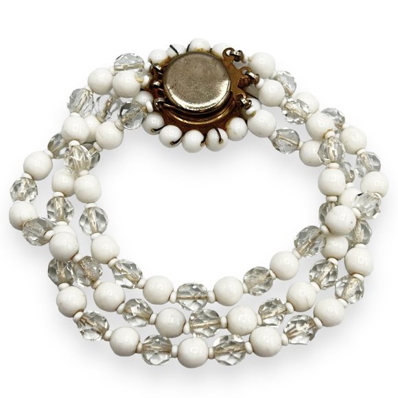 Vtg White Milk Glass & Faceted Crystal Bead Multi-Strand Bracelet w/Fancy Clasp - Picture 8 of 8